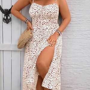 Plus Size 3X Floral Rust Red & White Spaghetti Strapped Maxi Dress w/ Side Slit